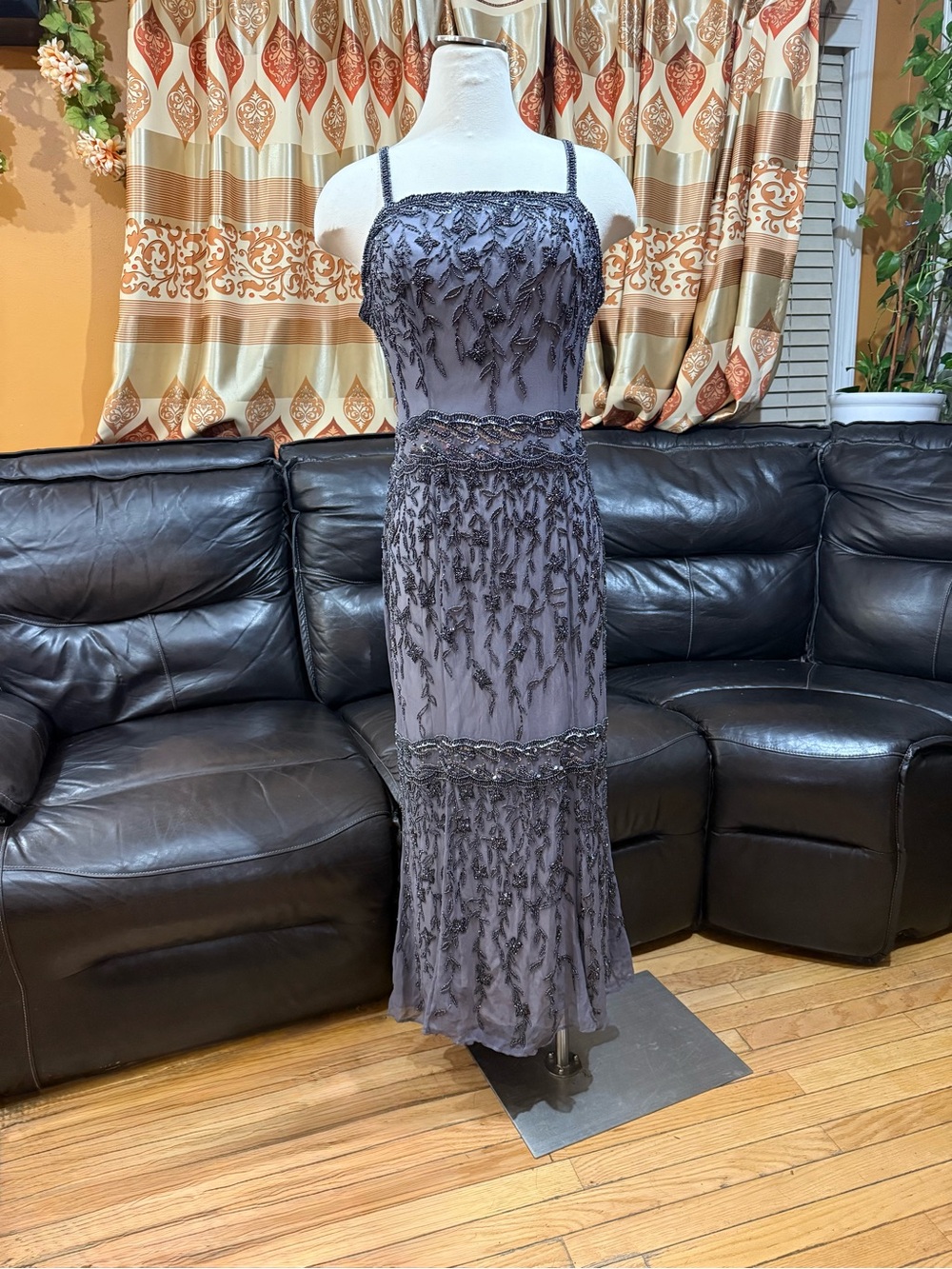Le Monde Fashions Gray beaded maxi dress with floral embroidery #formal #evening